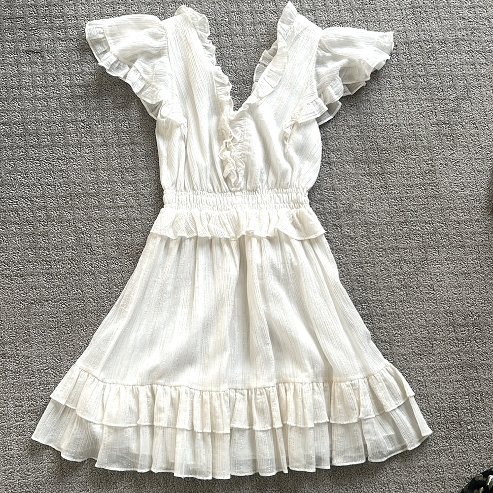 Rebecca Taylor cream,, silver, and gold ruffled mini dress. EUC.